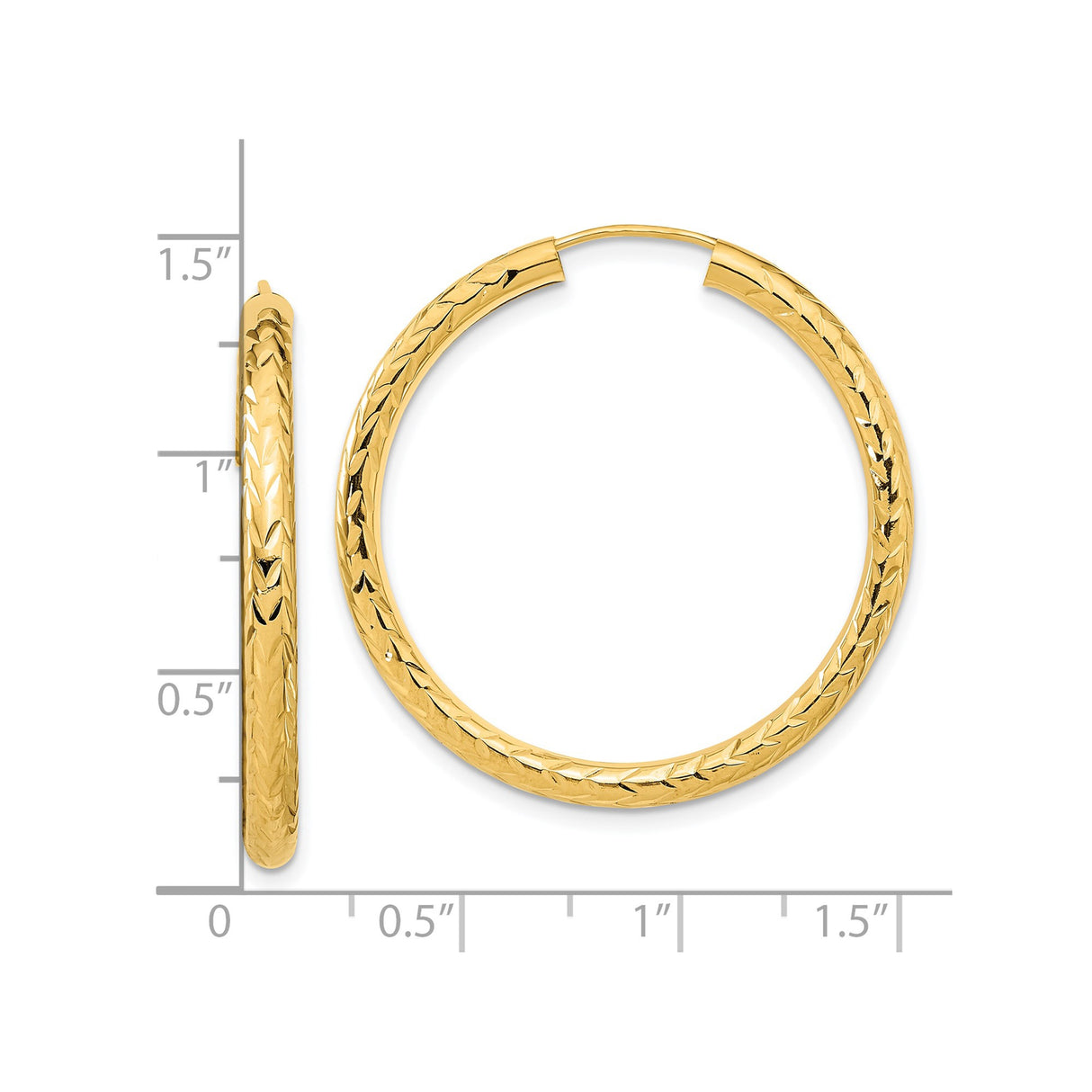 14k Yellow Gold Hoop Earrings, Diamond Cut Textured Lightweight Style for Women