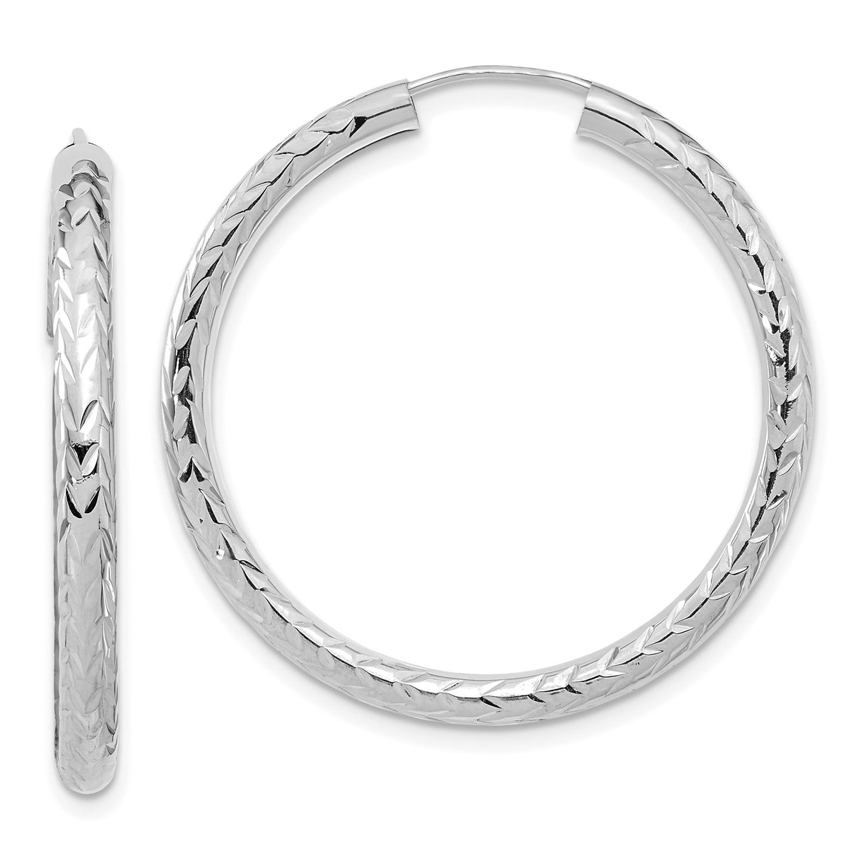 14k White Gold Hoop Earrings, Diamond Cut Leaf Design, Polished Finish, Lightweight Classic Style