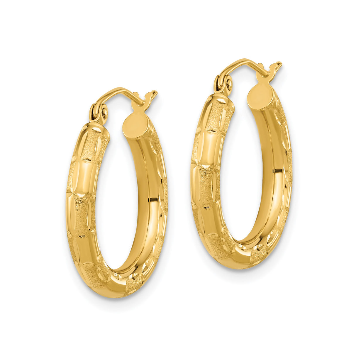 14k Yellow Gold Hoop Earrings, Textured Bamboo Design with High Polish and Satin Finish
