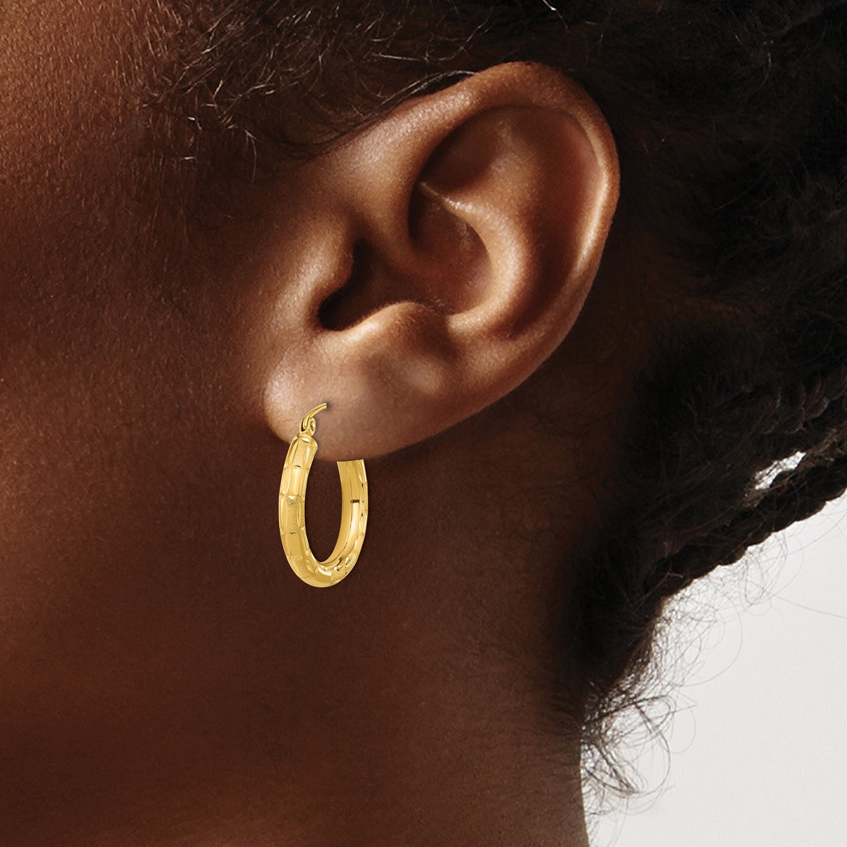 14k Yellow Gold Hoop Earrings, Textured Bamboo Design with High Polish and Satin Finish