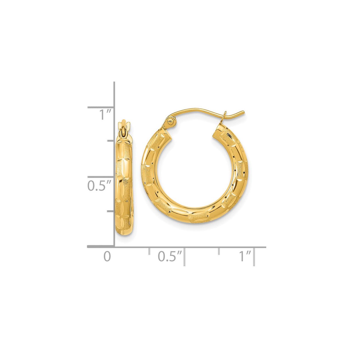 14k Yellow Gold Hoop Earrings, Textured Bamboo Design with High Polish and Satin Finish