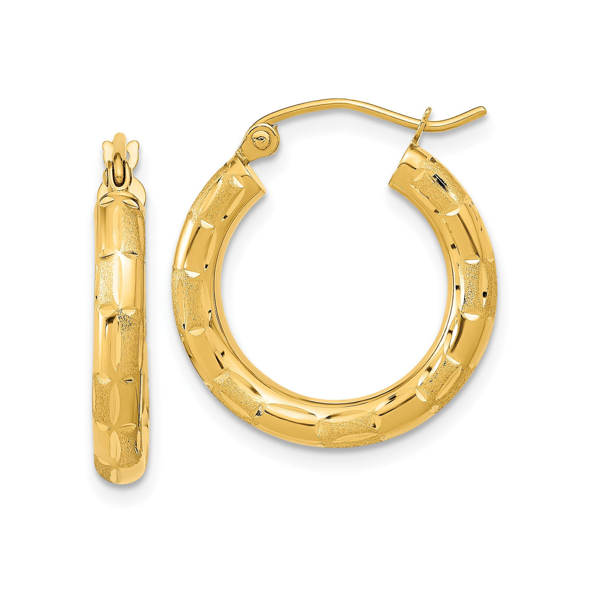 14k Yellow Gold Hoop Earrings, Textured Bamboo Design with High Polish and Satin Finish