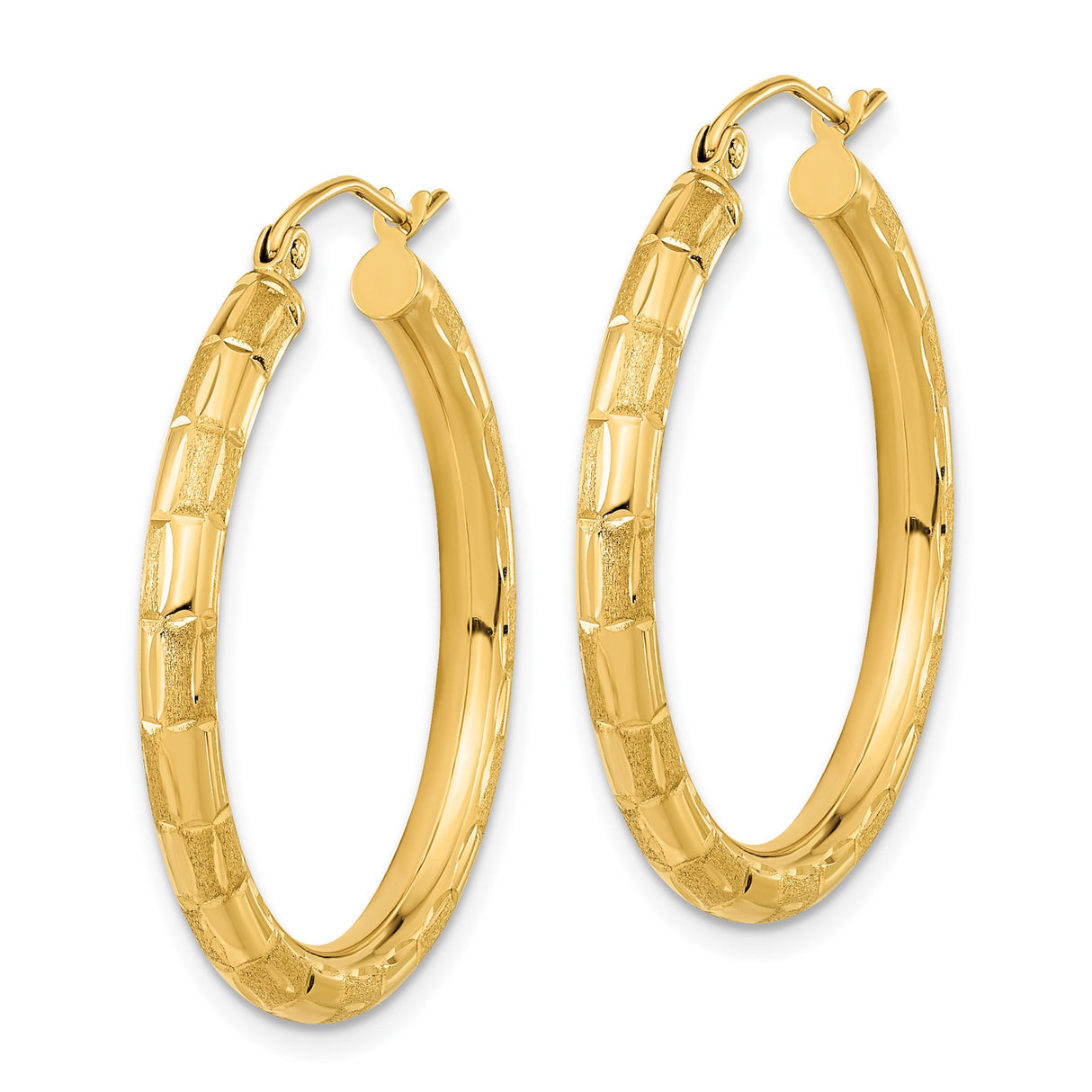 14k Yellow Gold Hoop Earrings with Textured Satin Finish and Bamboo Design