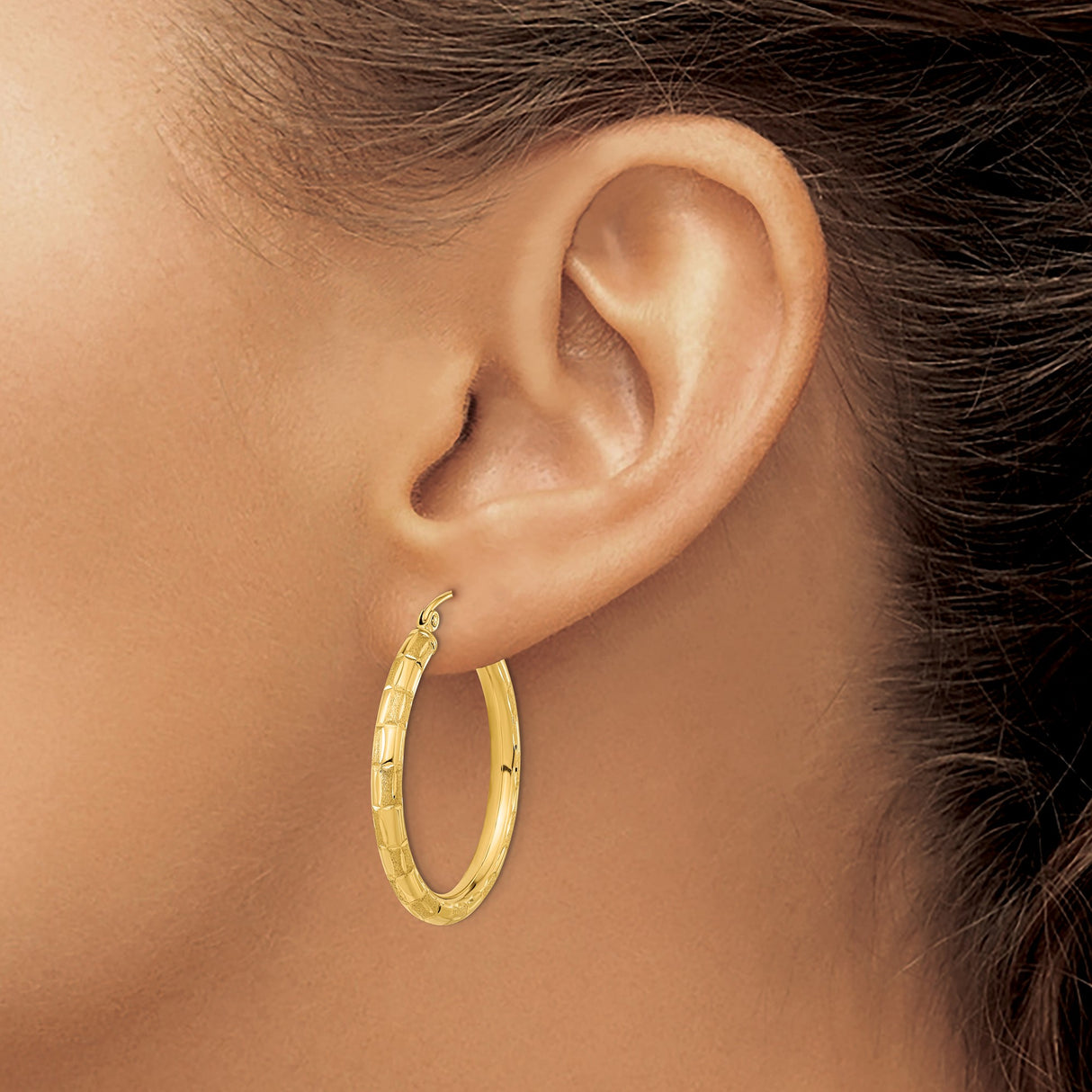 14k Yellow Gold Hoop Earrings with Textured Satin Finish and Bamboo Design
