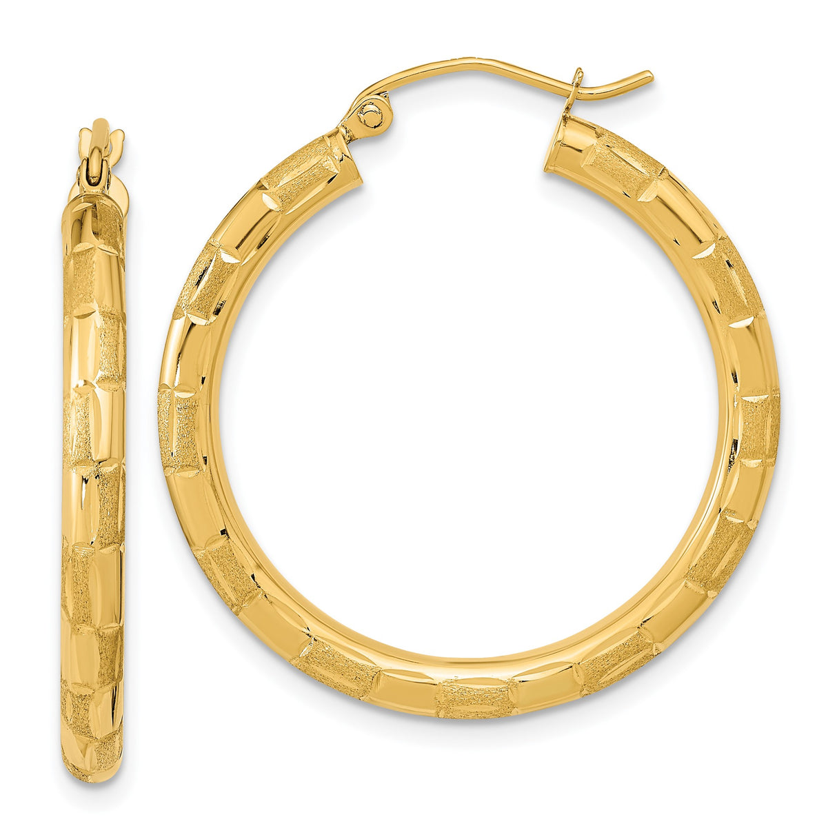 14k Yellow Gold Hoop Earrings with Textured Satin Finish and Bamboo Design