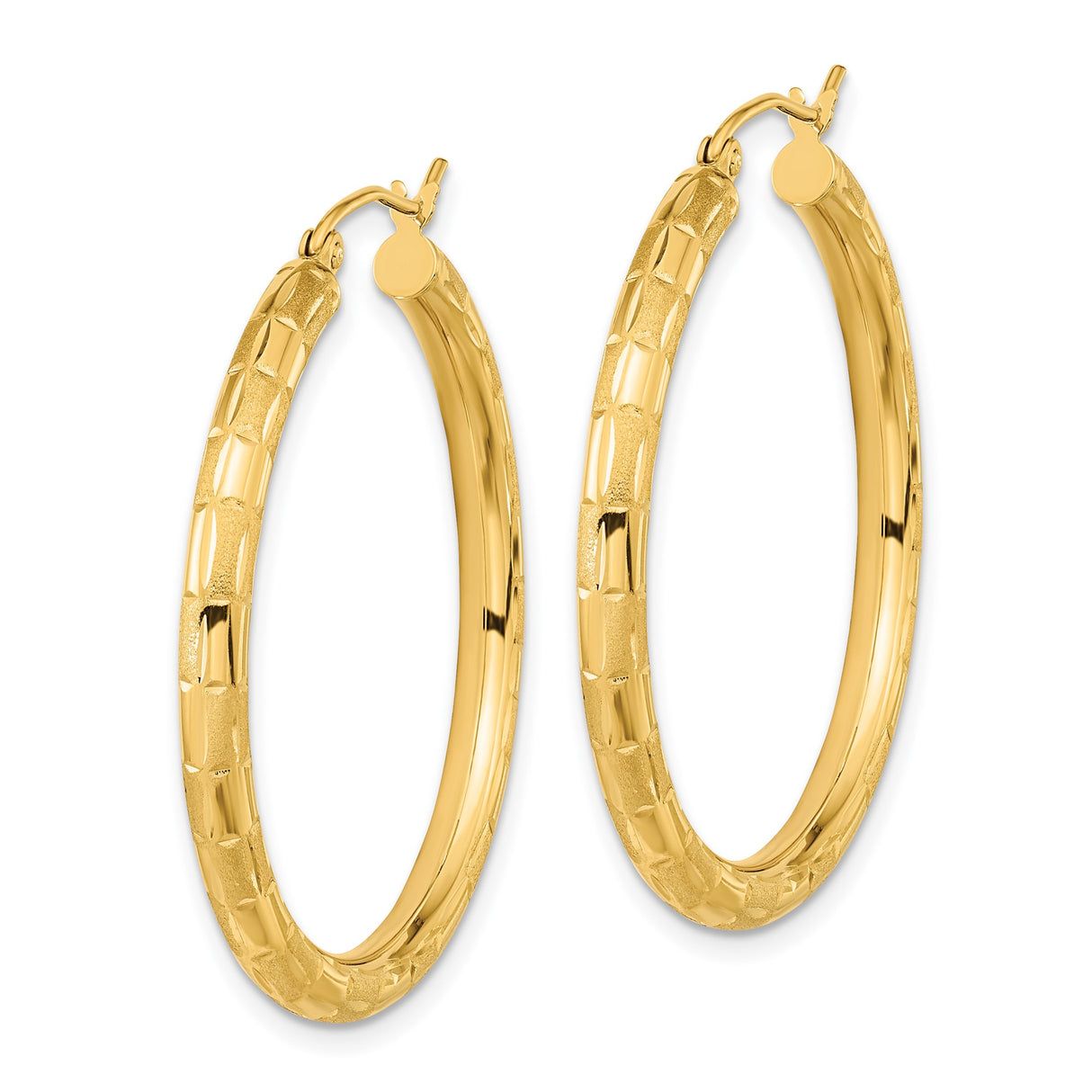 14k Yellow Gold Hoop Earrings with Textured Brushed Finish and Geometric Pattern