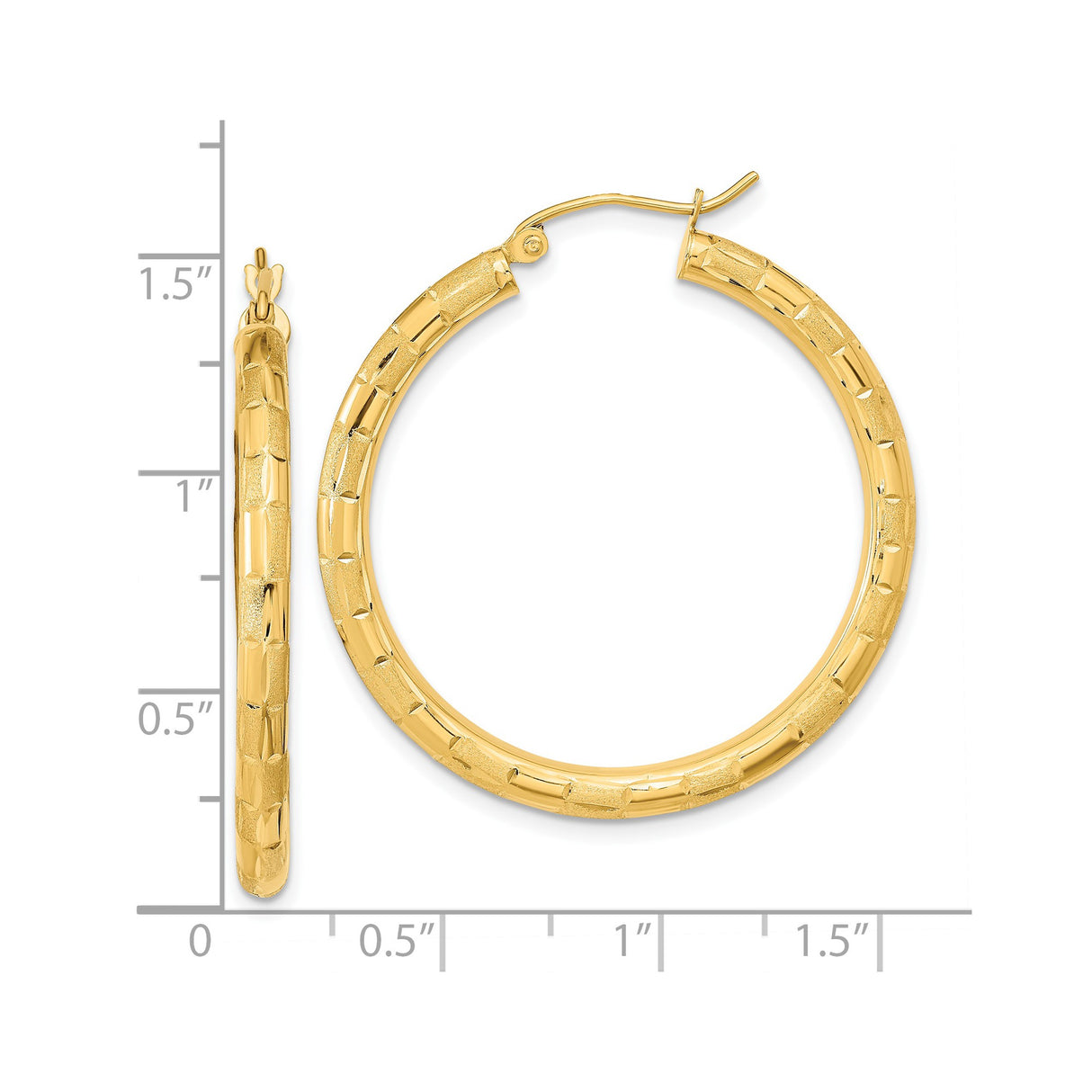 14k Yellow Gold Hoop Earrings with Textured Brushed Finish and Geometric Pattern