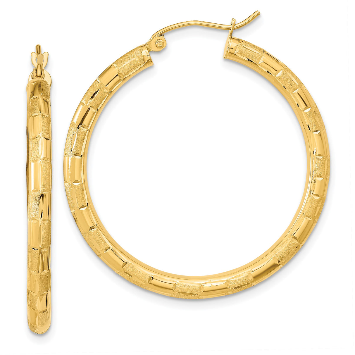 14k Yellow Gold Hoop Earrings with Textured Brushed Finish and Geometric Pattern