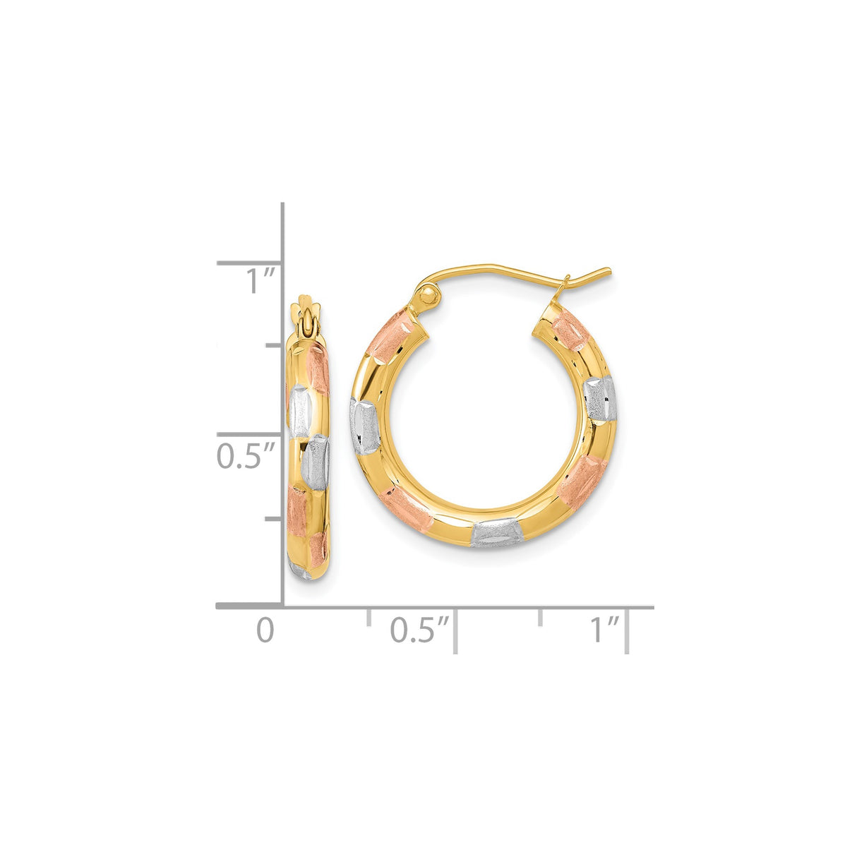 14k Tri-Color Gold Hoop Earrings, Polished Finish, Lightweight Medium Hoops for Women