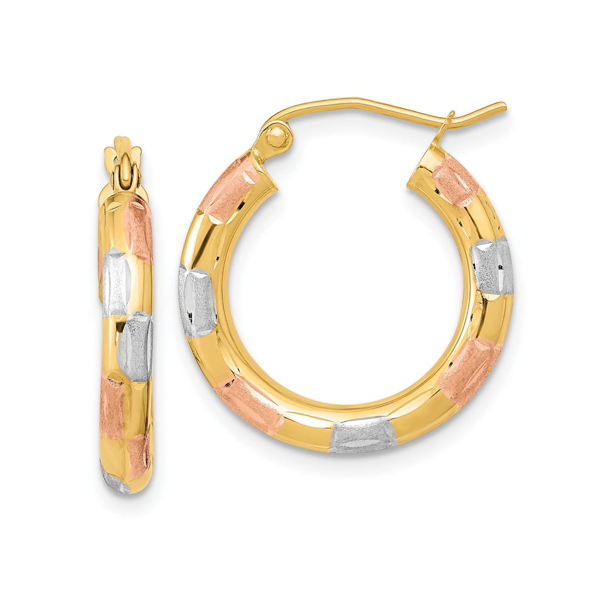 14k Tri-Color Gold Hoop Earrings, Polished Finish, Lightweight Medium Hoops for Women