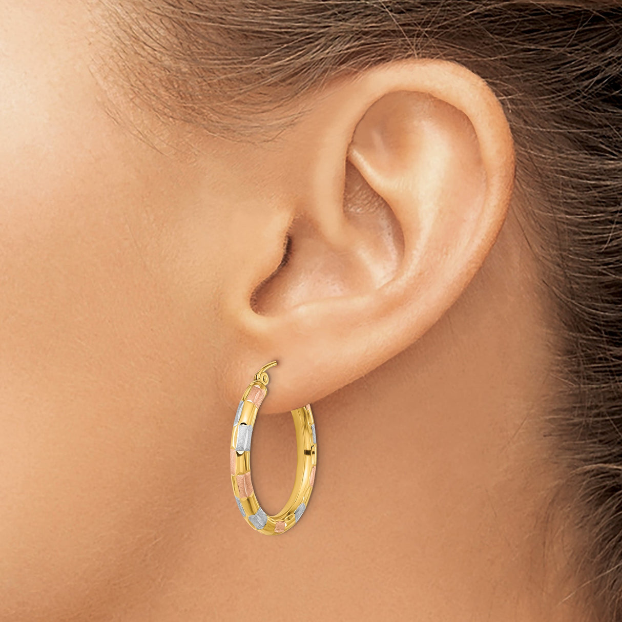 14k Yellow Gold Tricolor Hoop Earrings, Textured Lightweight Design, Polished Finish for Women