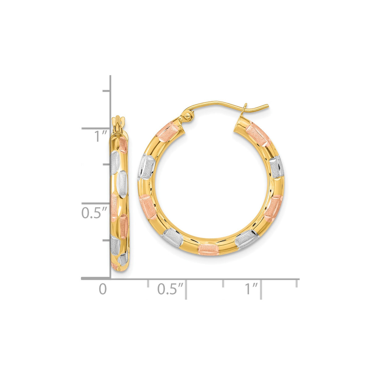 14k Yellow Gold Tricolor Hoop Earrings, Textured Lightweight Design, Polished Finish for Women