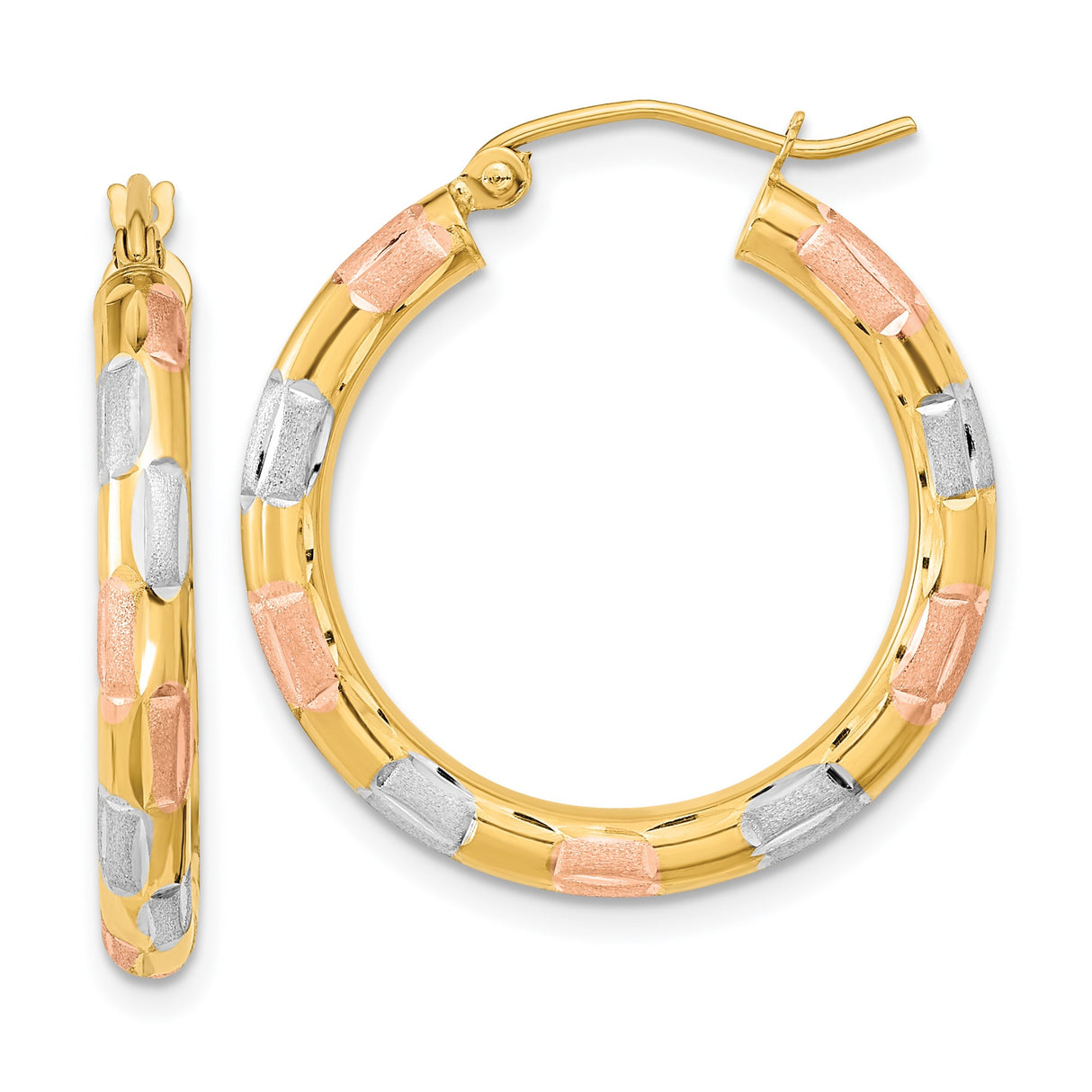 14k Yellow Gold Tricolor Hoop Earrings, Textured Lightweight Design, Polished Finish for Women