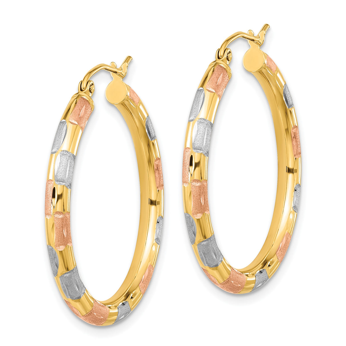 14k Tri-Tone Gold Hoop Earrings, Polished Textured Checker Design, Lightweight Statement Hoops