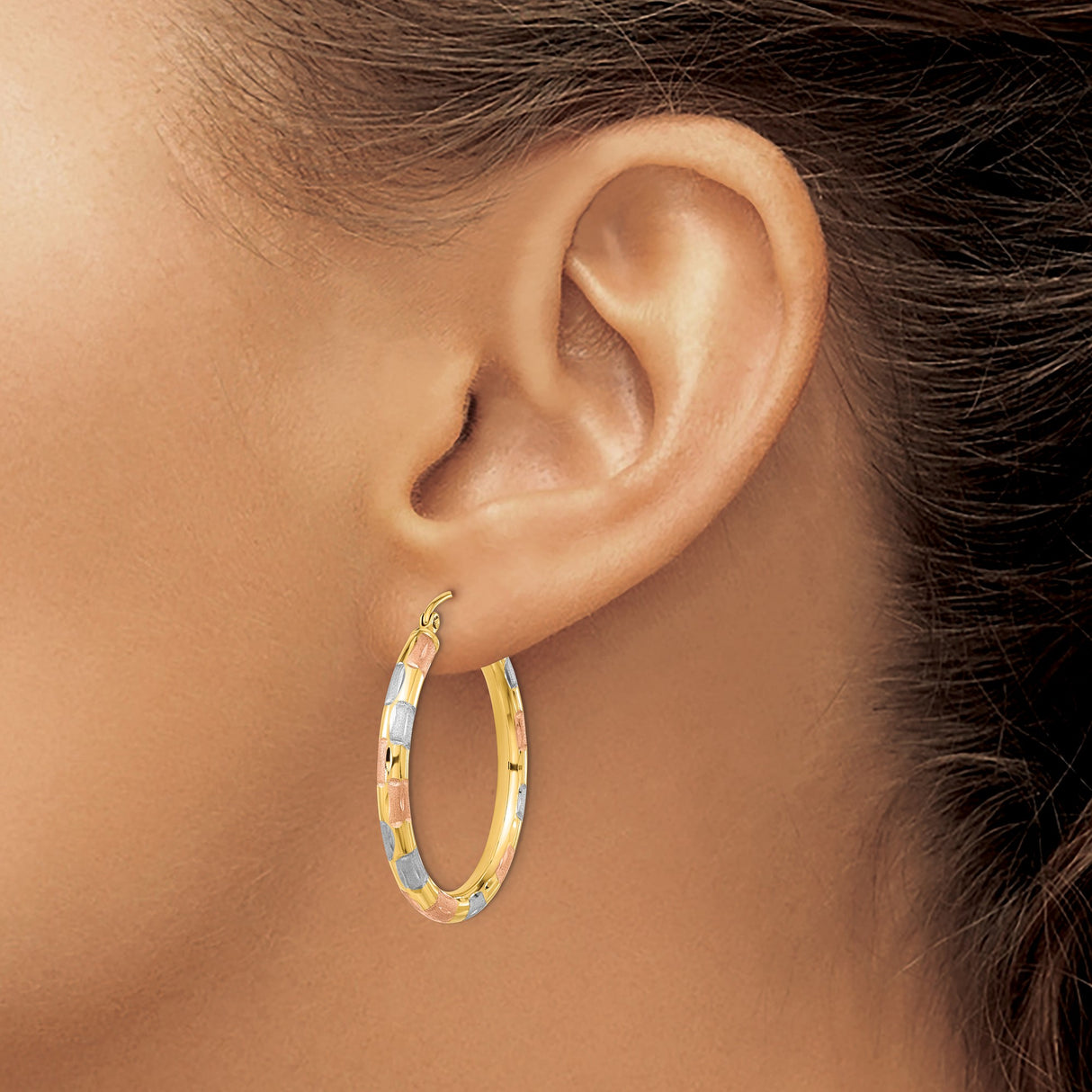 14k Tri-Tone Gold Hoop Earrings, Polished Textured Checker Design, Lightweight Statement Hoops