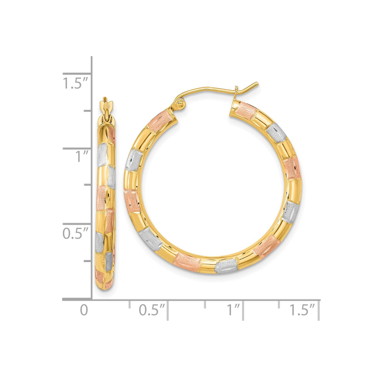 14k Tri-Tone Gold Hoop Earrings, Polished Textured Checker Design, Lightweight Statement Hoops