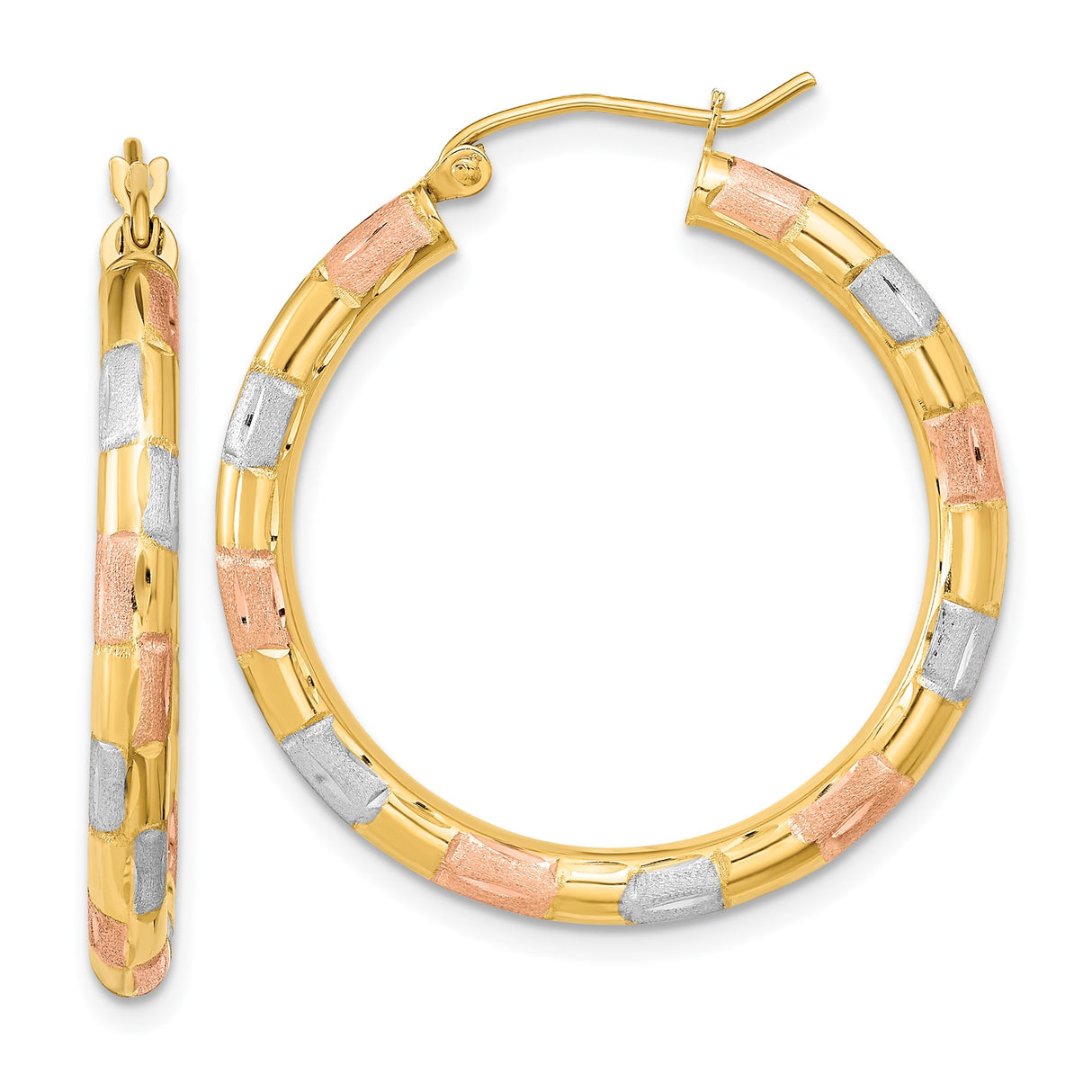 14k Tri-Tone Gold Hoop Earrings, Polished Textured Checker Design, Lightweight Statement Hoops