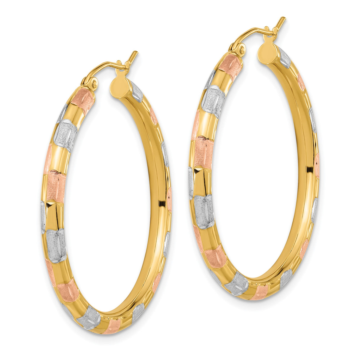 14k Yellow Gold Hoop Earrings, Tricolor Rose Gold and Rhodium Accents, Polished Modern Design
