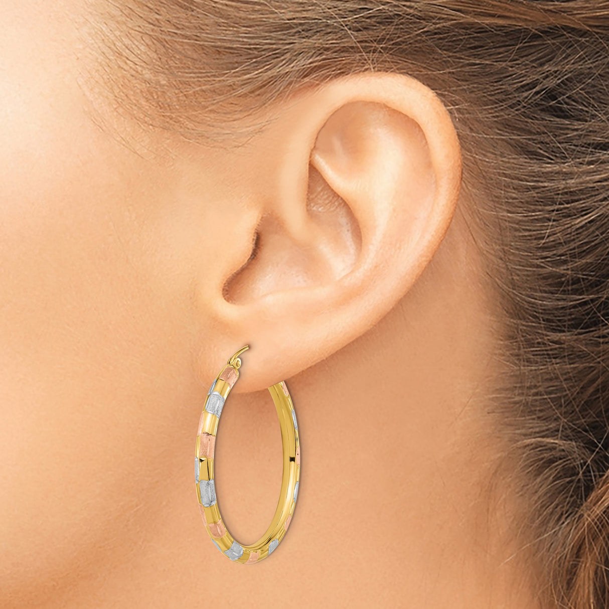 14k Yellow Gold Hoop Earrings, Tricolor Rose Gold and Rhodium Accents, Polished Modern Design