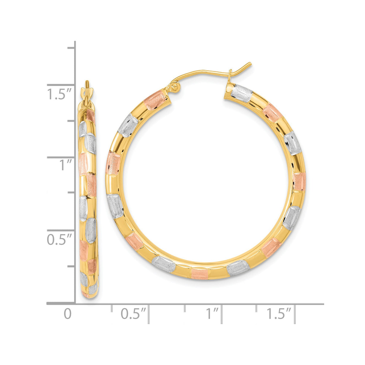 14k Yellow Gold Hoop Earrings, Tricolor Rose Gold and Rhodium Accents, Polished Modern Design