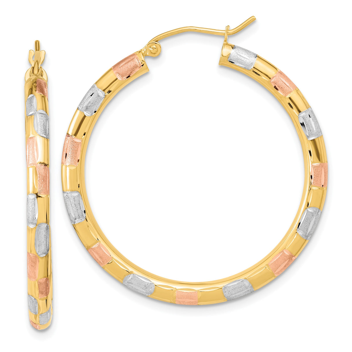 14k Yellow Gold Hoop Earrings, Tricolor Rose Gold and Rhodium Accents, Polished Modern Design