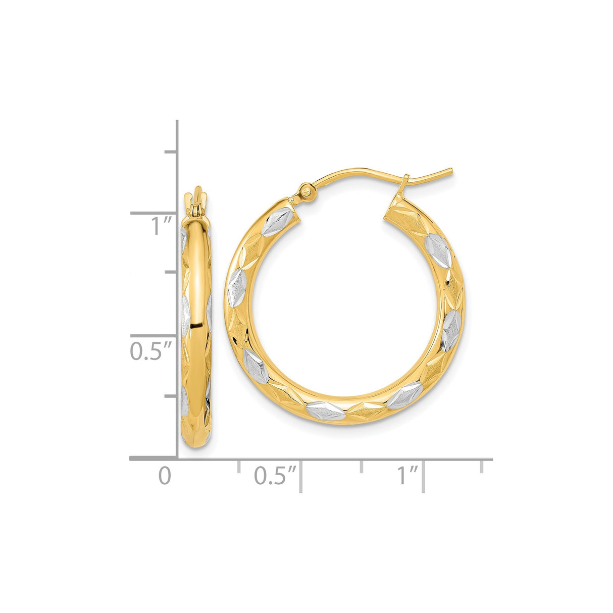 14k Yellow Gold Hoop Earrings, Diamond-Cut Leaf Pattern, Two-Tone Polished Design for Women