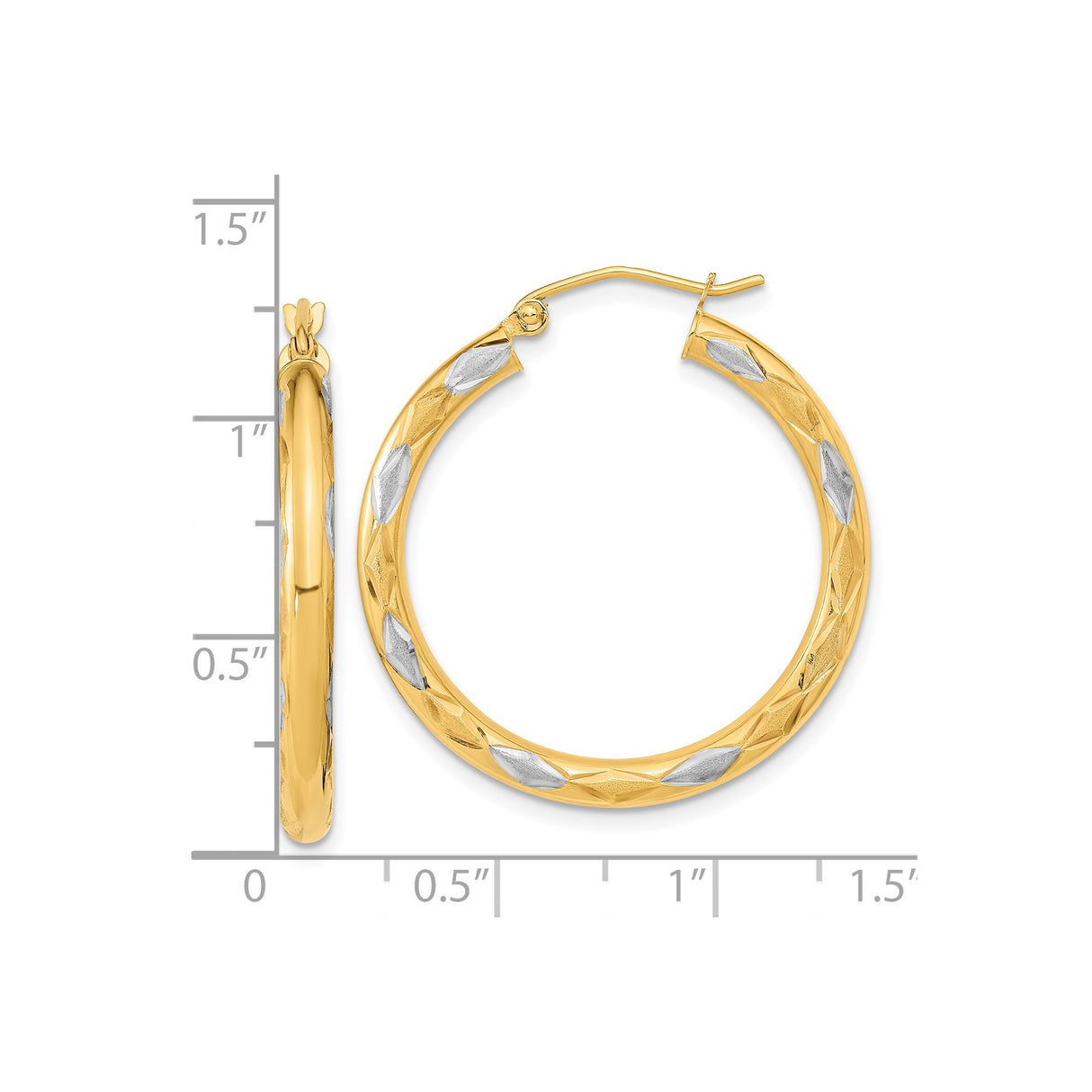 14k Yellow Gold Two Tone Hoop Earrings with Textured Diamond Cut and Polished Satin Finish