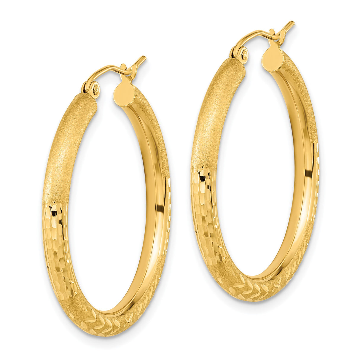 14k Yellow Gold Hoop Earrings with Matte and Polished Finish, Leaf and Floral Diamond Cut Design