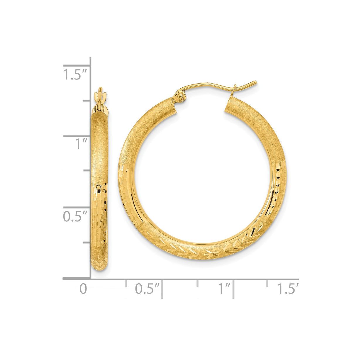 14k Yellow Gold Hoop Earrings with Matte and Polished Finish, Leaf and Floral Diamond Cut Design