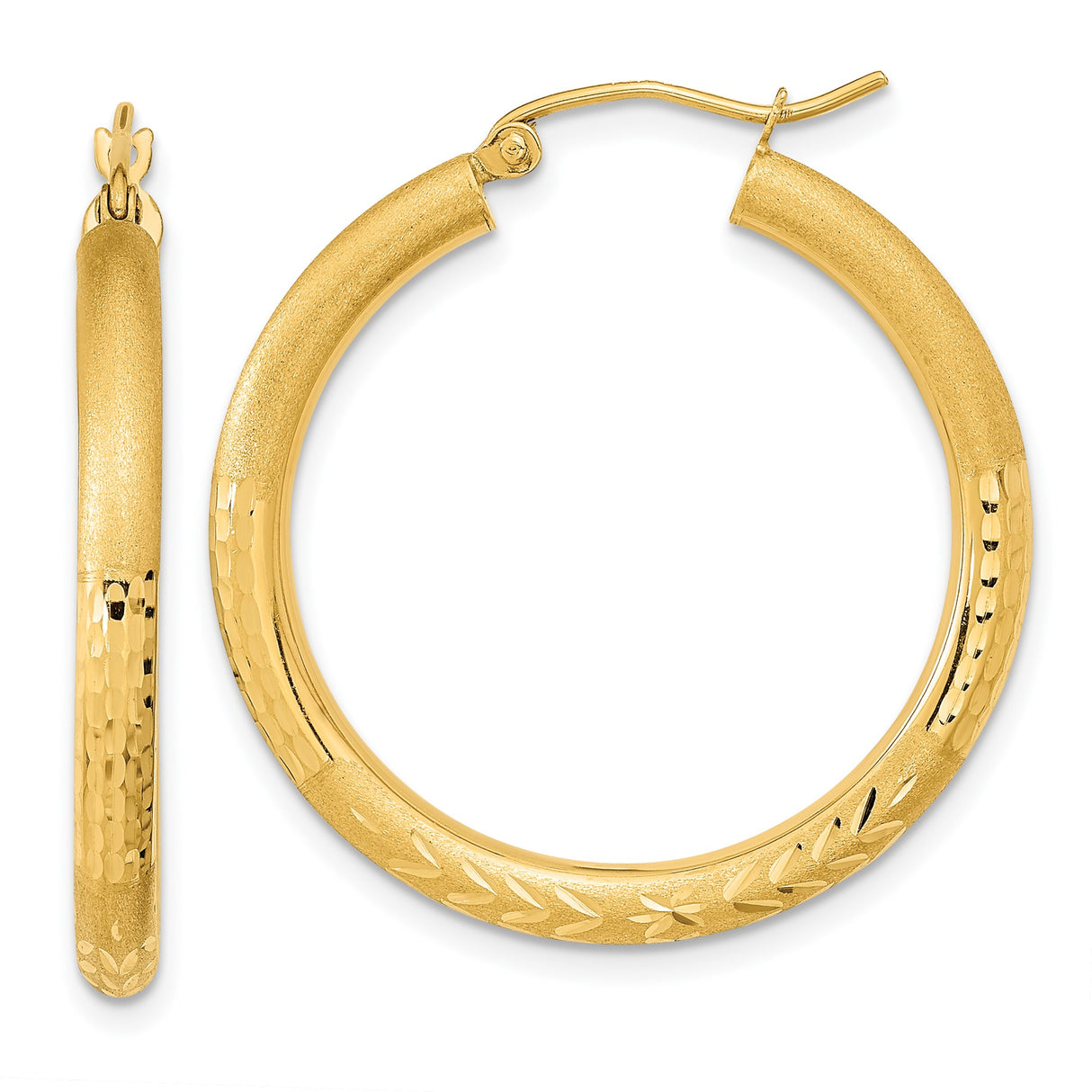 14k Yellow Gold Hoop Earrings with Matte and Polished Finish, Leaf and Floral Diamond Cut Design