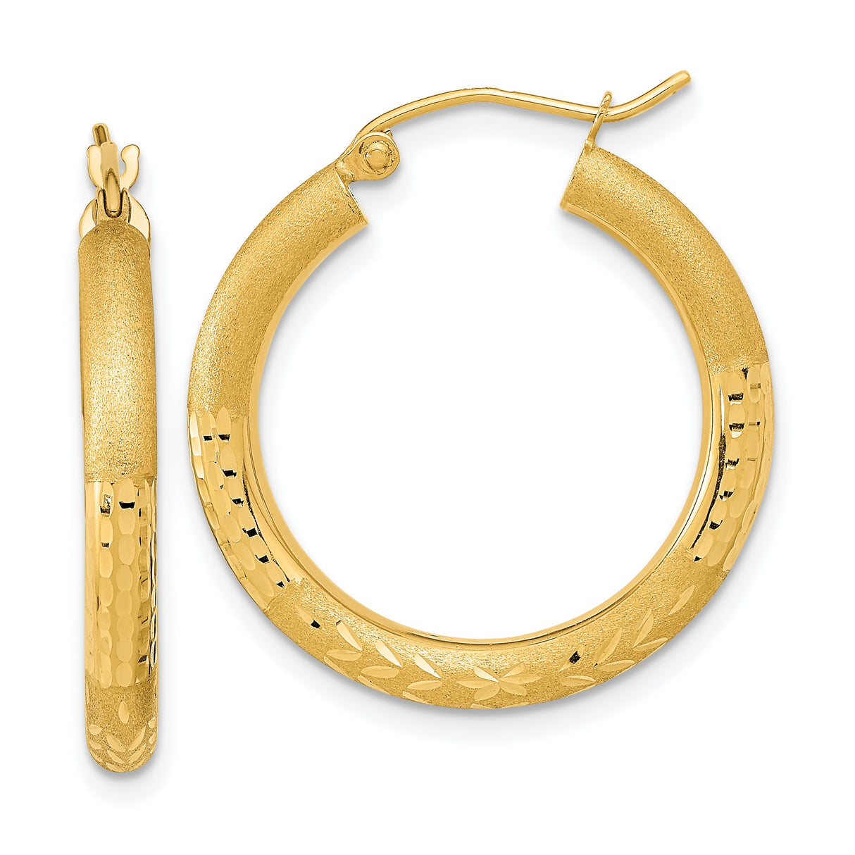 14k Yellow Gold Hoop Earrings with Textured Matte Finish and Diamond-Cut Leaf Pattern