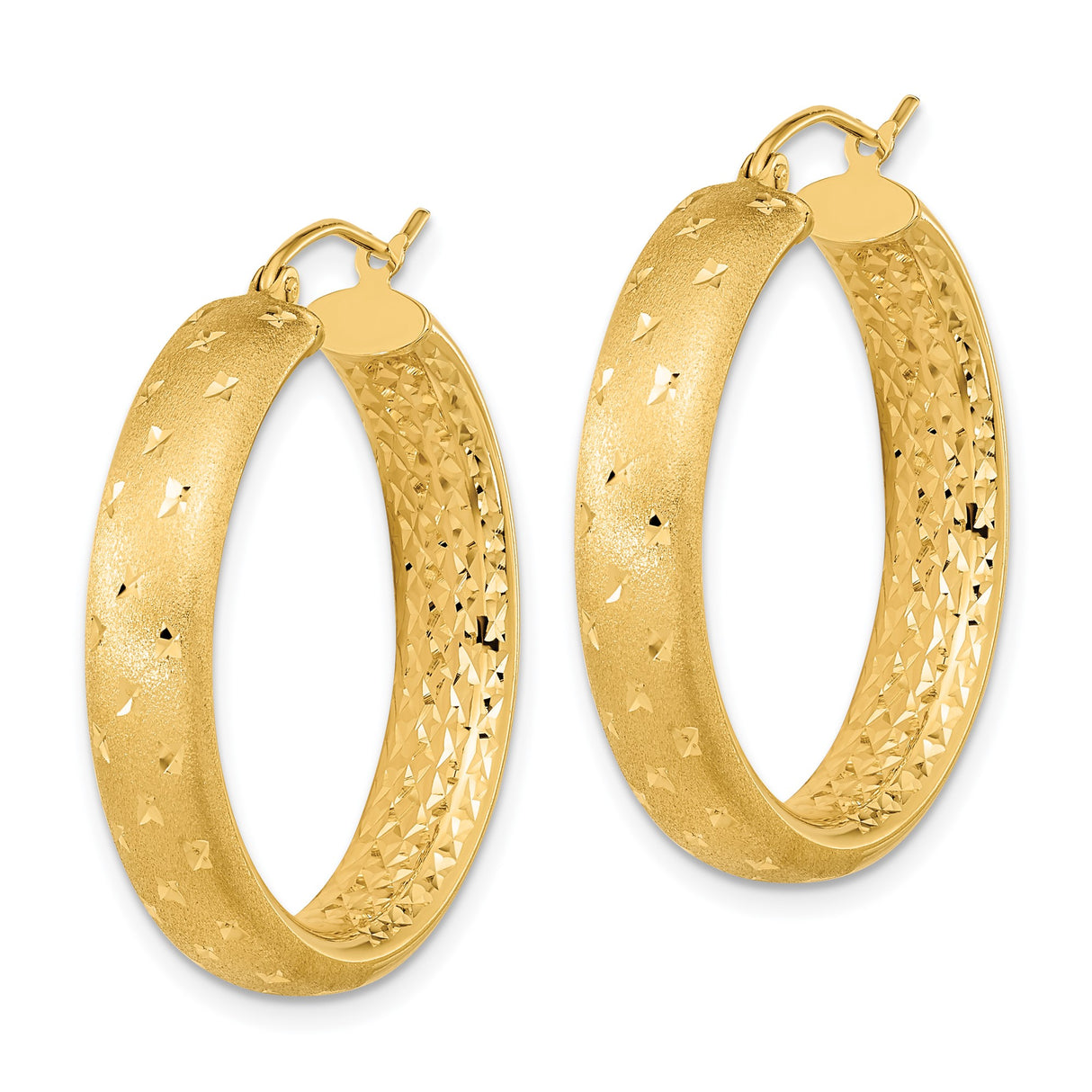 14k Yellow Gold Hoop Earrings with Textured Diamond Cut Star Design