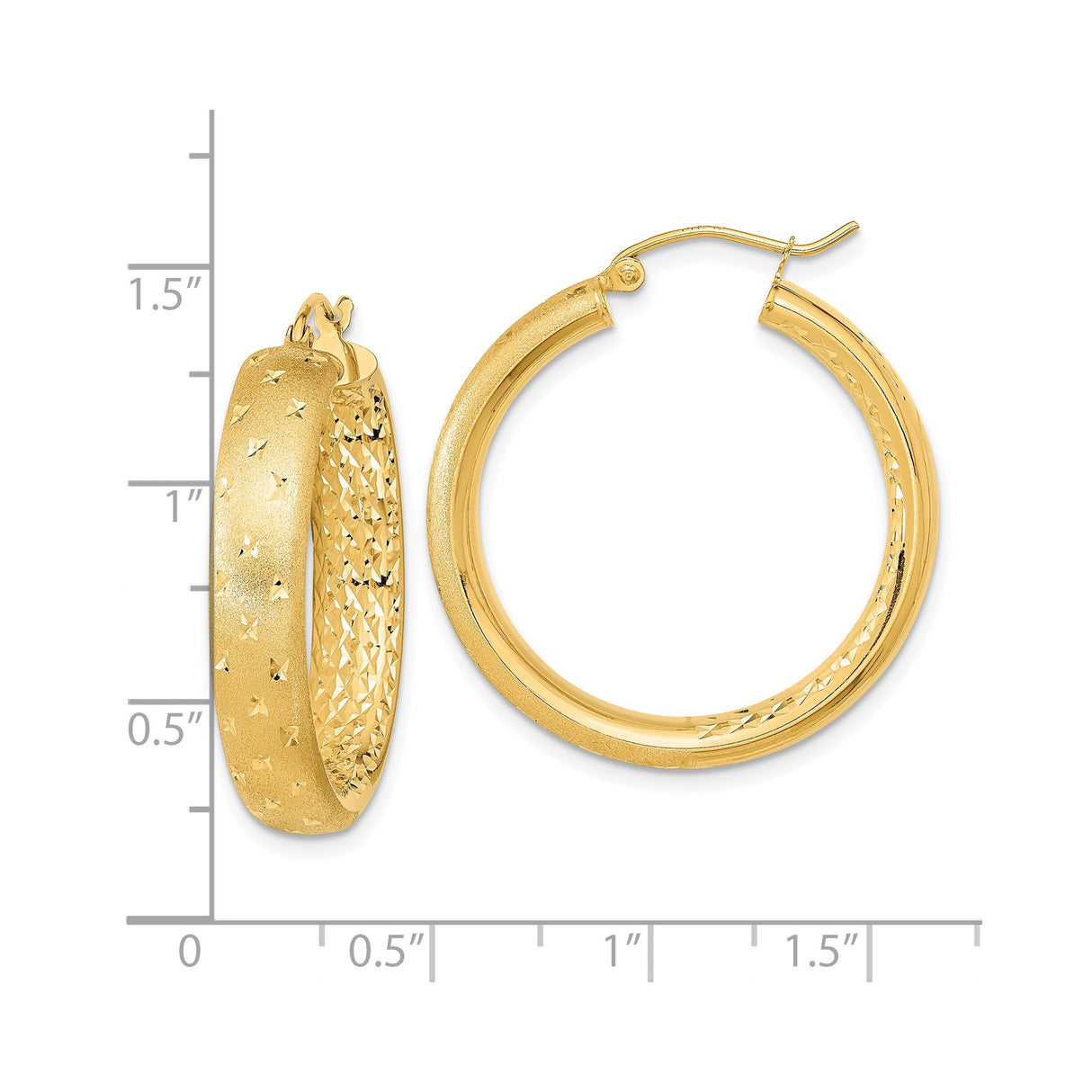 14k Yellow Gold Hoop Earrings with Textured Diamond Cut Star Design