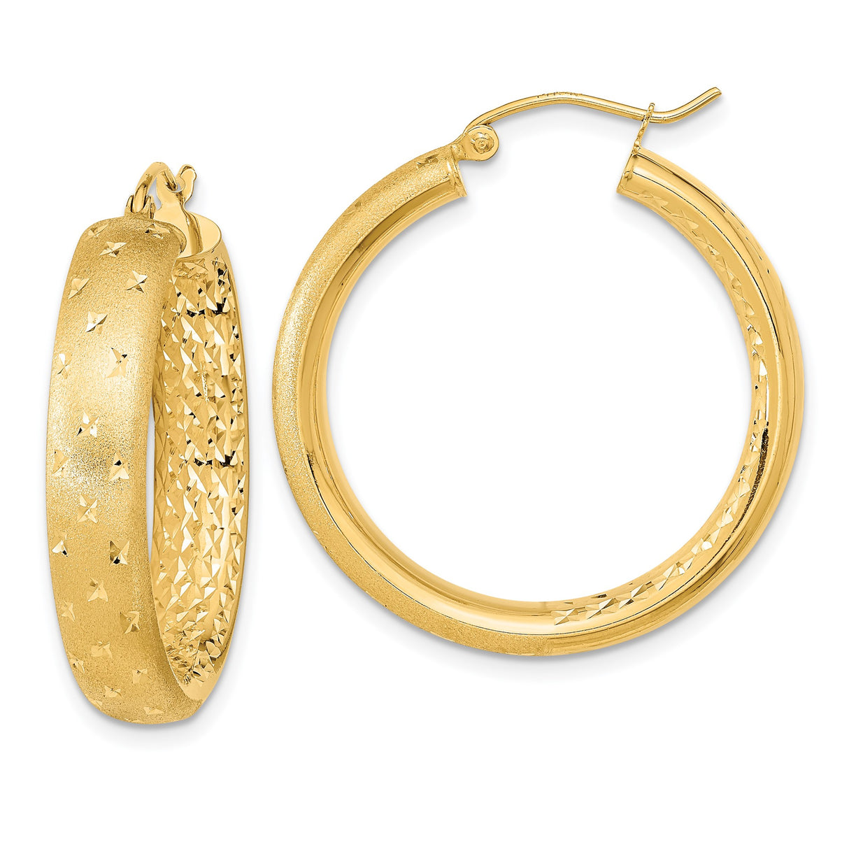 14k Yellow Gold Hoop Earrings with Textured Diamond Cut Star Design