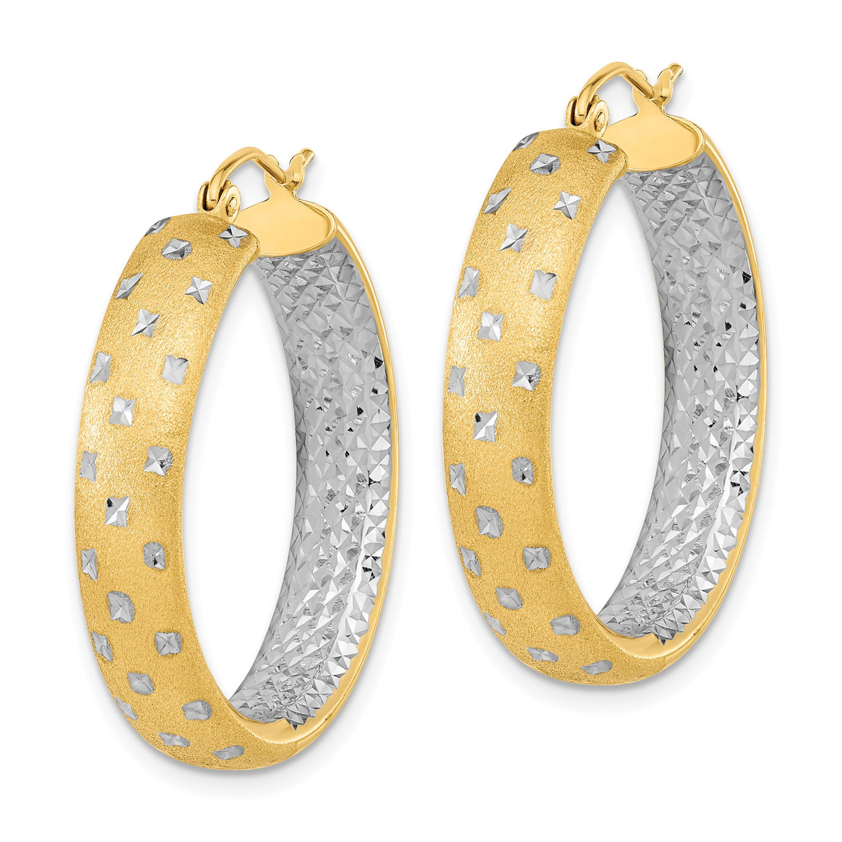 14k Yellow Gold Hoop Earrings, Textured Matte Finish, Diamond Cut Accents, Two Tone Design