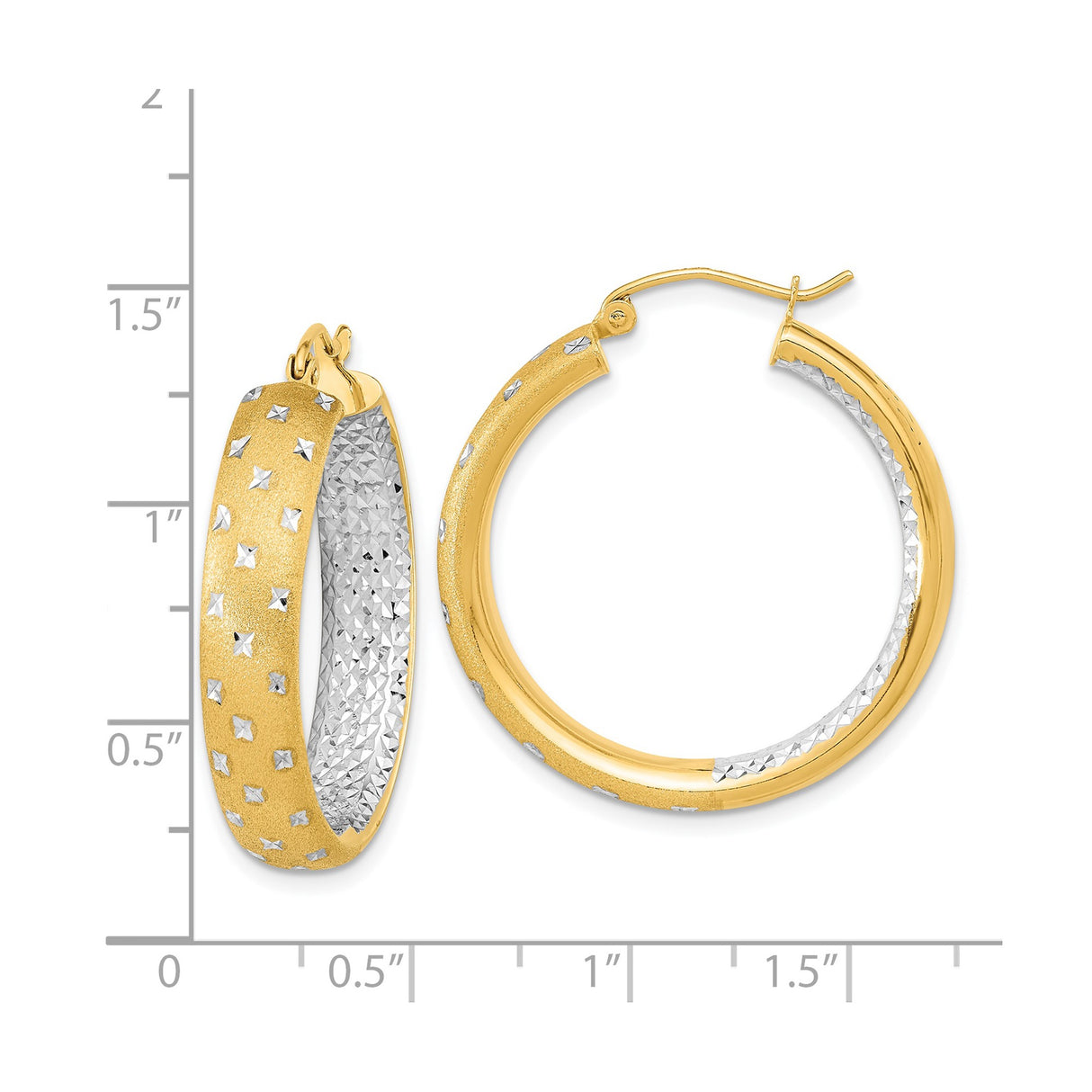 14k Yellow Gold Hoop Earrings, Textured Matte Finish, Diamond Cut Accents, Two Tone Design