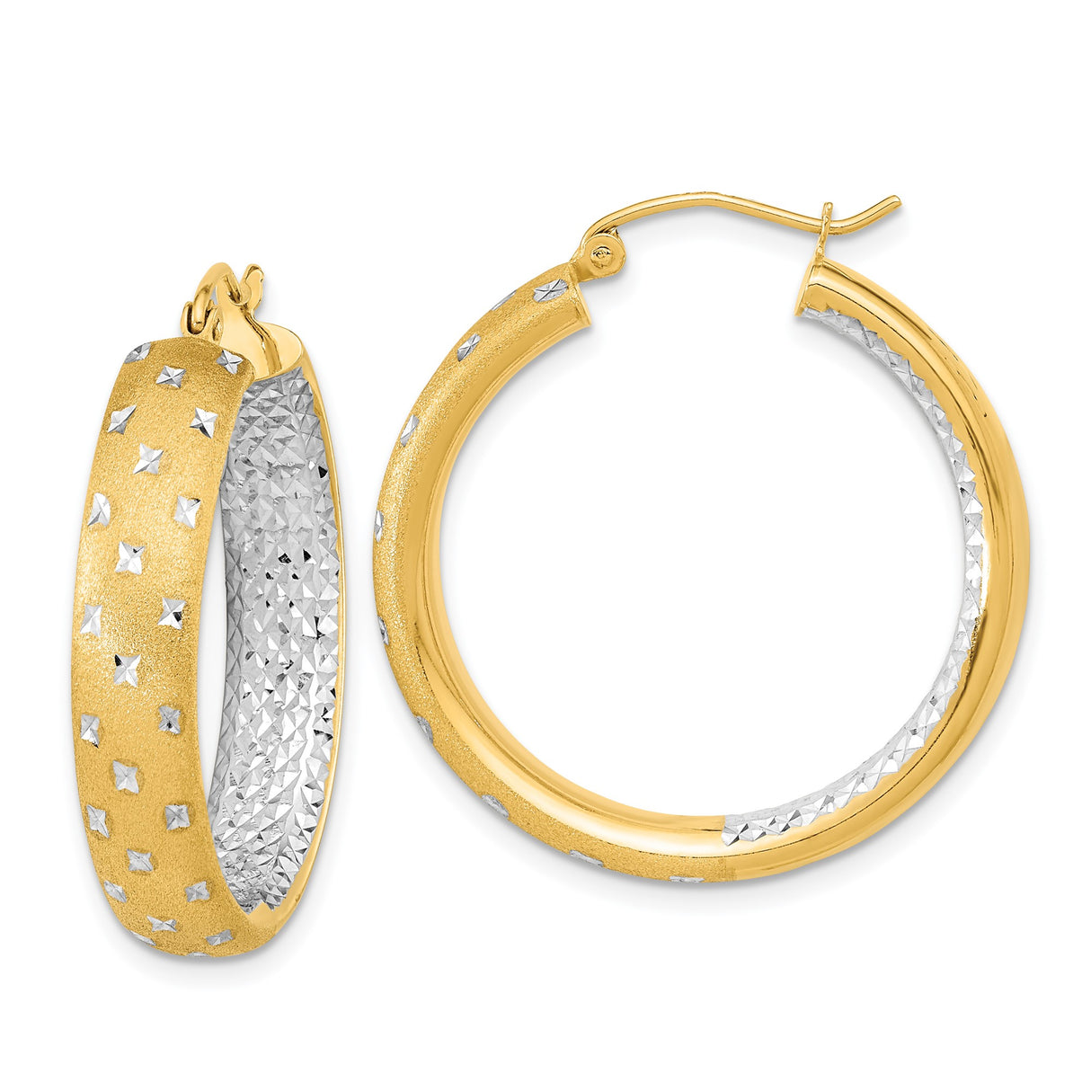 14k Yellow Gold Hoop Earrings, Textured Matte Finish, Diamond Cut Accents, Two Tone Design