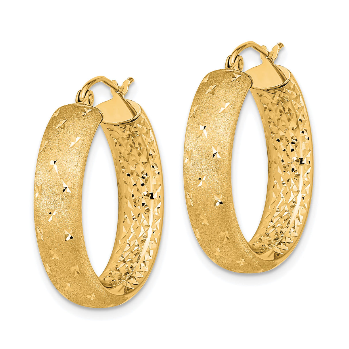 14k Yellow Gold Hoop Earrings with Textured Diamond-Cut Design and Satin Finish