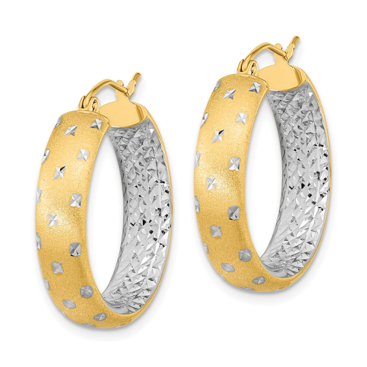 14k Yellow Gold Hoop Earrings with Rhodium Accents, Textured Diamond-Cut Two-Tone Design