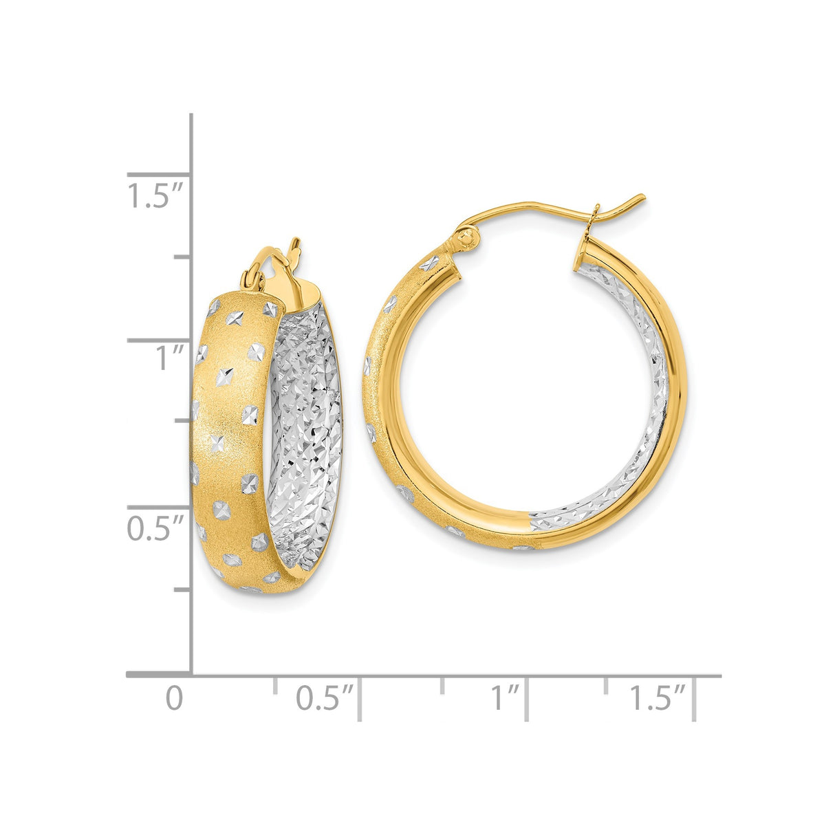 14k Yellow Gold Hoop Earrings with Rhodium Accents, Textured Diamond-Cut Two-Tone Design