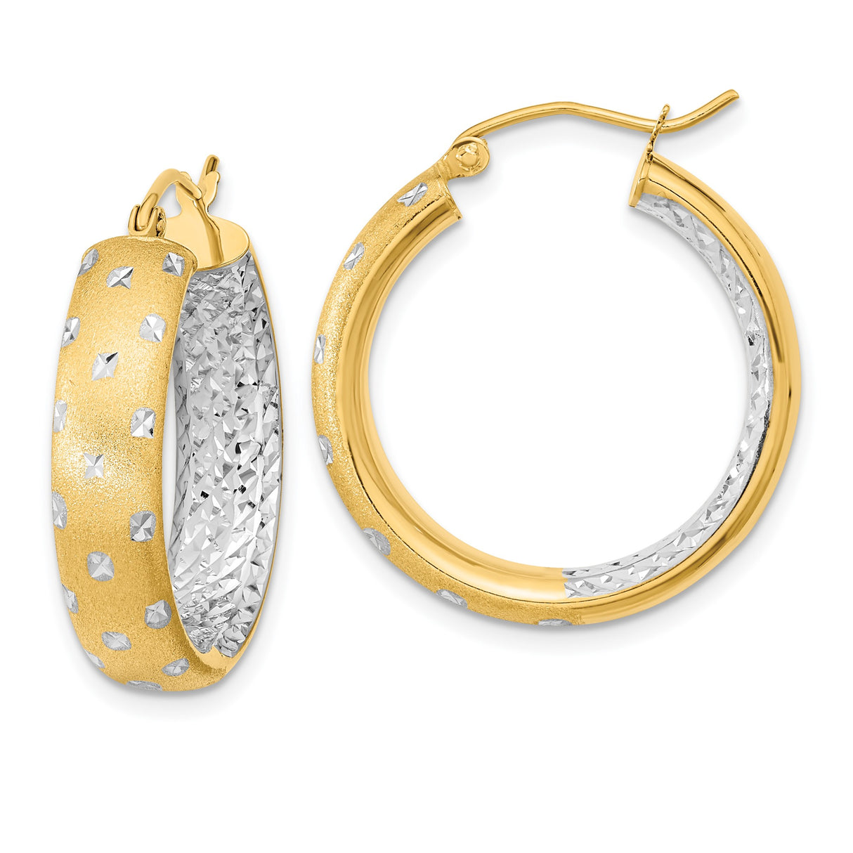 14k Yellow Gold Hoop Earrings with Rhodium Accents, Textured Diamond-Cut Two-Tone Design