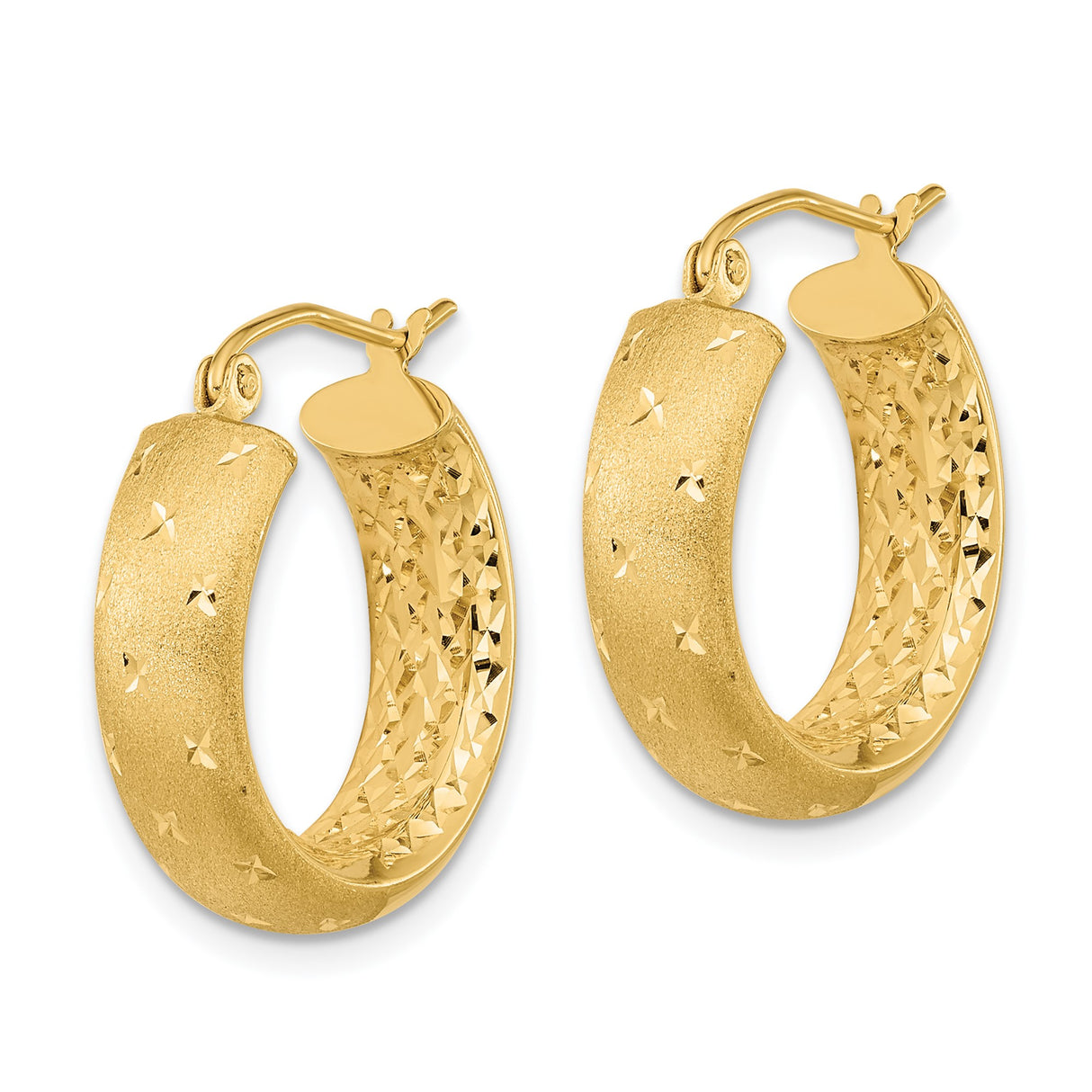 14k Yellow Gold Hoop Earrings, Textured Satin Finish with Diamond Cut Starburst Design