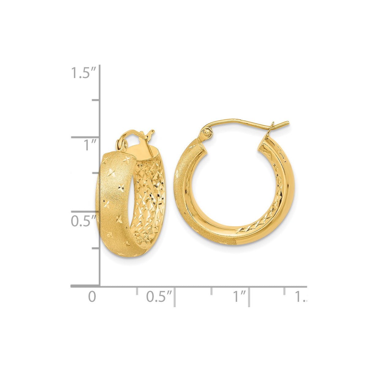 14k Yellow Gold Hoop Earrings, Textured Satin Finish with Diamond Cut Starburst Design