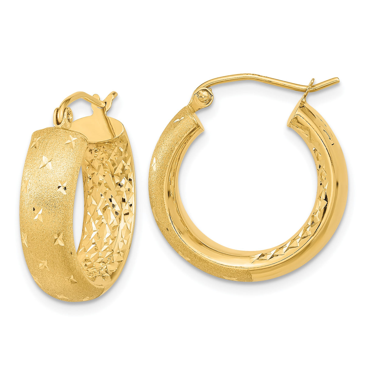 14k Yellow Gold Hoop Earrings, Textured Satin Finish with Diamond Cut Starburst Design