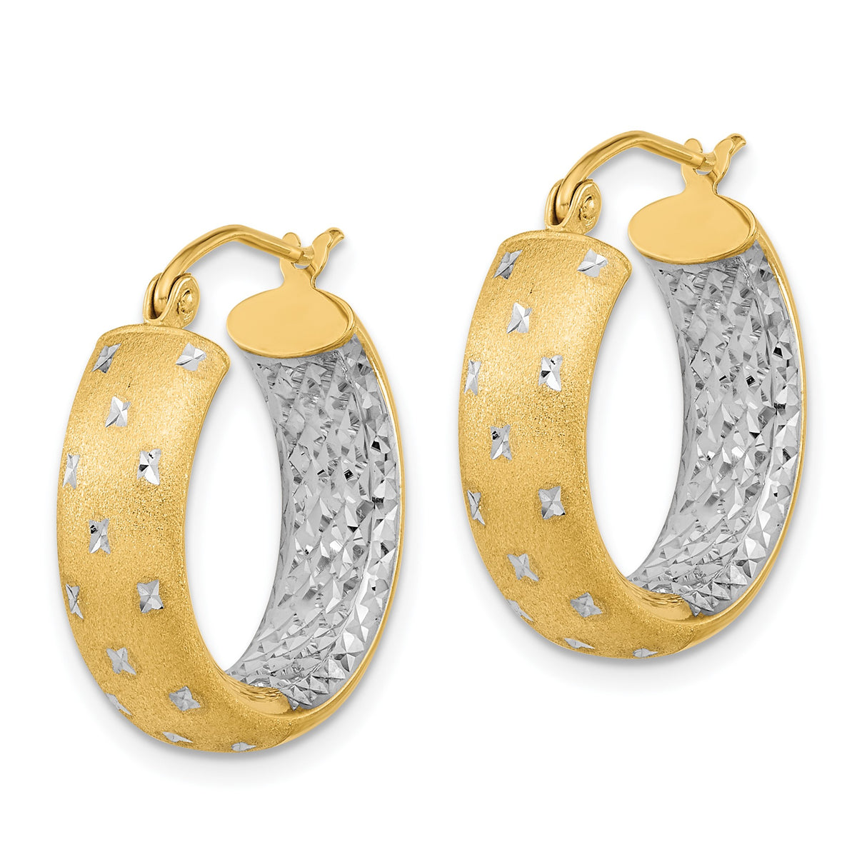 14k Two Tone Gold Hoop Earrings with Diamond Cut Star Pattern and Textured Finish