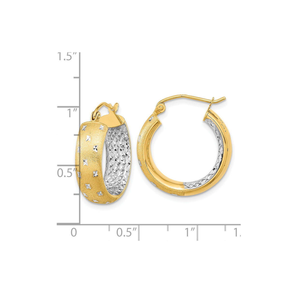 14k Two Tone Gold Hoop Earrings with Diamond Cut Star Pattern and Textured Finish