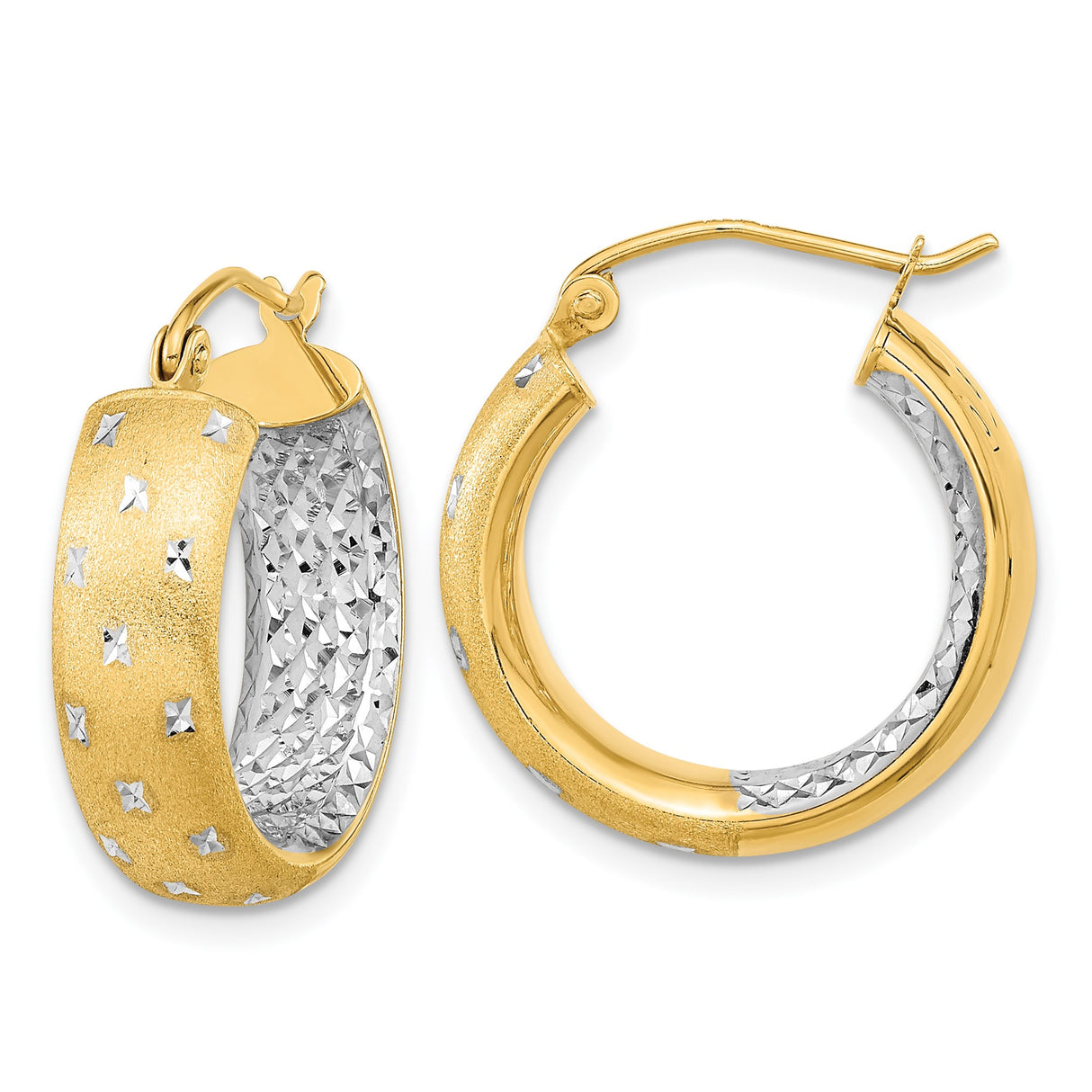 14k Two Tone Gold Hoop Earrings with Diamond Cut Star Pattern and Textured Finish