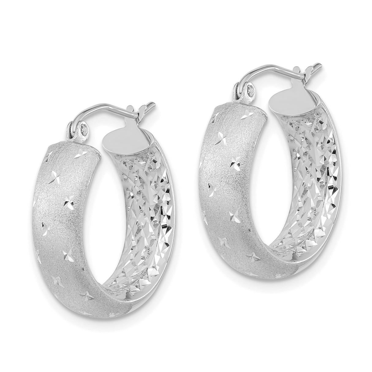 14k White Gold Hoop Earrings with Textured Matte Finish and Diamond Cut Star Accents