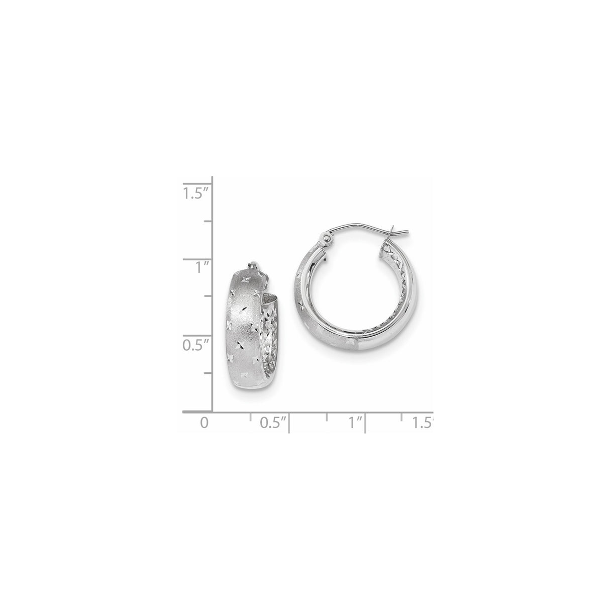 14k White Gold Hoop Earrings with Textured Matte Finish and Diamond Cut Star Accents