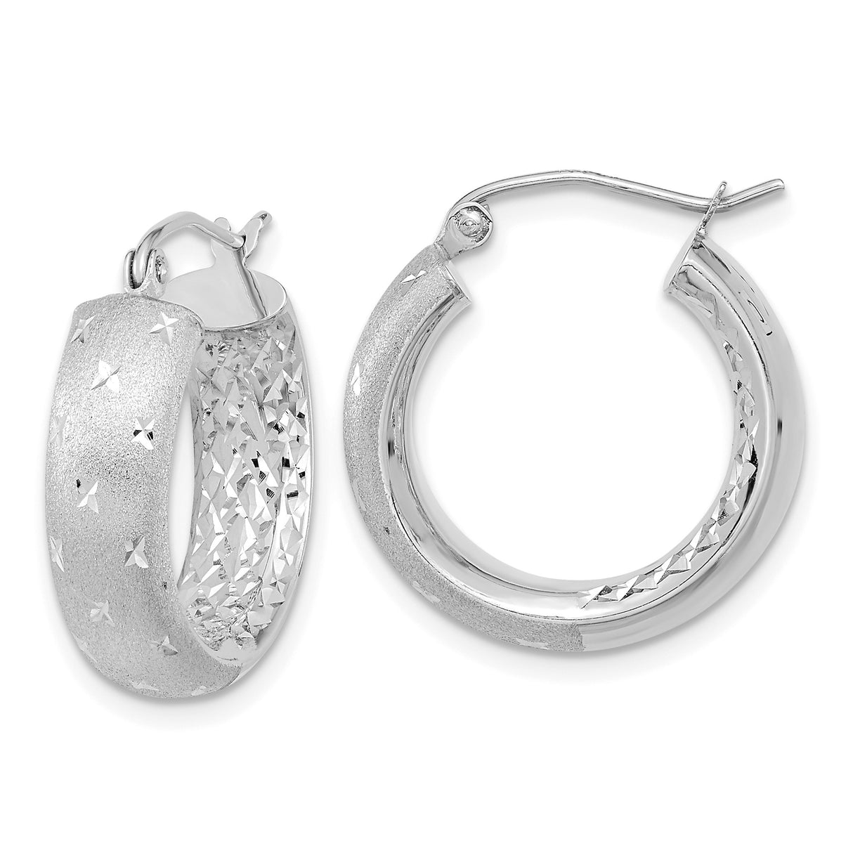 14k White Gold Hoop Earrings with Textured Matte Finish and Diamond Cut Star Accents